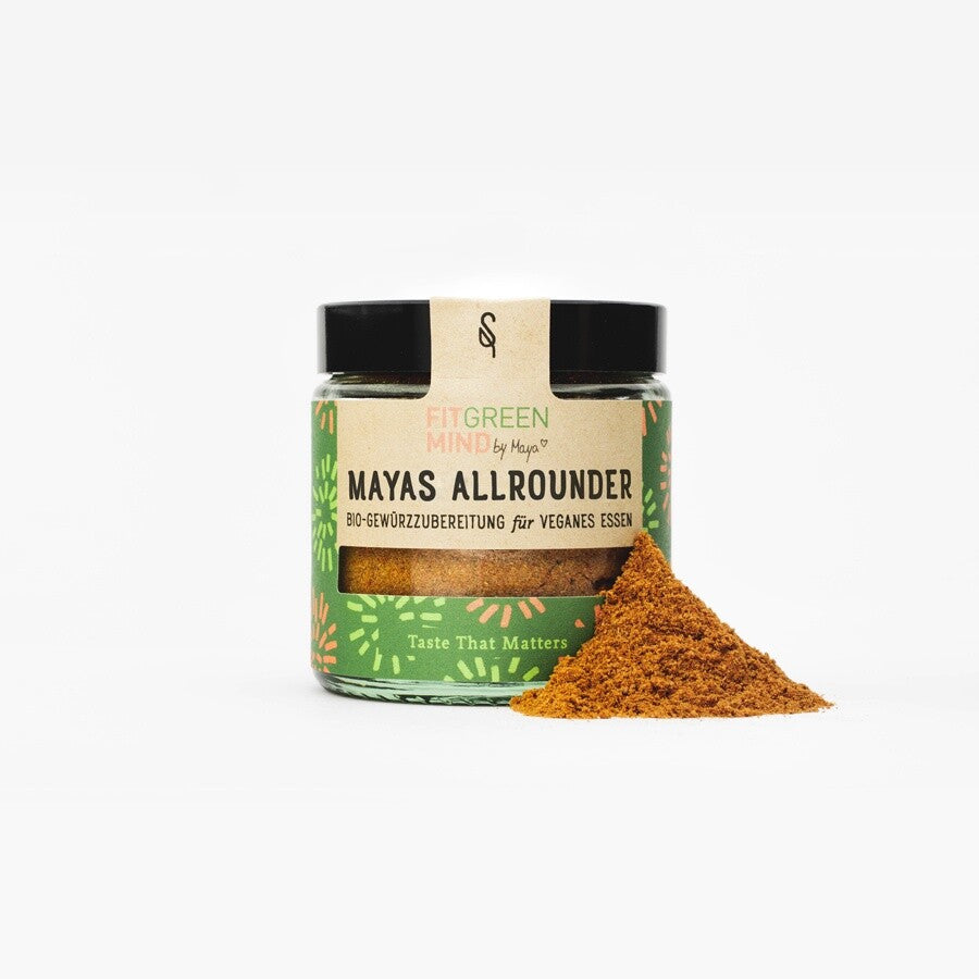 Mayas Allrounder Gewürz mit Gewürzhaufen nebenan