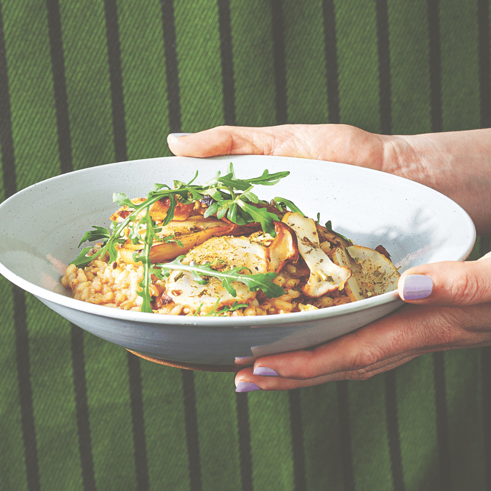 Green Umami mit Pilzen, Gerste und Topinambur